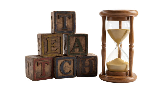 Wooden building blocks with letters and hourglass sand timer isolated on transparent background for vintage educational concept