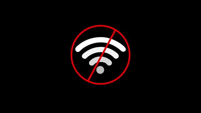 White Wi-Fi and internet symbol with red prohibition sign on a black background. No Wi-Fi internet connection error concept. 