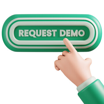 Green request demo button clicked by hand 3D rendering for SaaS website