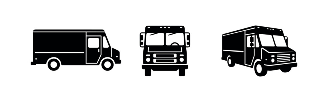 Step Van and Parcel Delivery Truck Icons Silhouette Vector Set