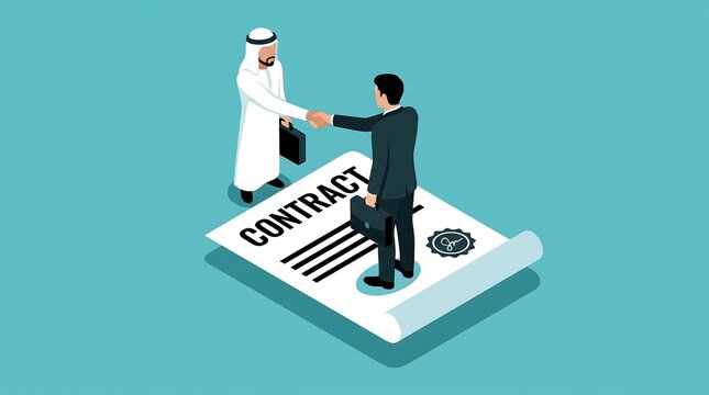 Isometric illustration of a business handshake between two men finalizing a contract agreement with document