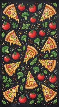 Chalkboard pizza pattern illustration, hand drawn pizza slices with tomatoes and basil, italian food background for restaurant menus