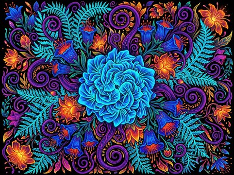 Psychedelic floral pattern with neon blue and orange flowers. Vibrant botanical illustration on black background. Trippy garden art.