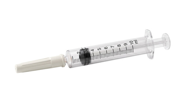 Medical syringe with needle cap on white background, sterile plastic hypodermic syringe for injection, clinical healthcare equipment