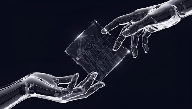 3D futuristic technology hands passing glowing glass tablet with wireframe design against dark background