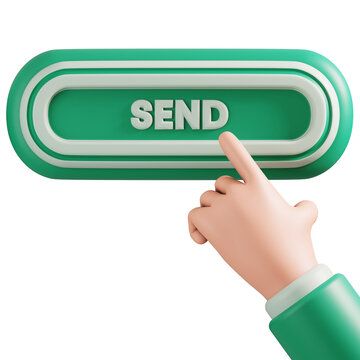 Green send button clicked by hand 3D rendering for messaging website app