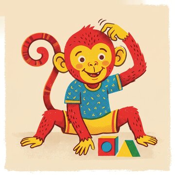 Cute red monkey character playing with toy blocks, cheerful primate illustration for children, educational animal mascot