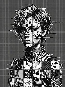 Glitch art portrait of a woman with pixelated distortion. Abstract digital human face with black and white patterns. Cyberpunk aesthetic graphic.