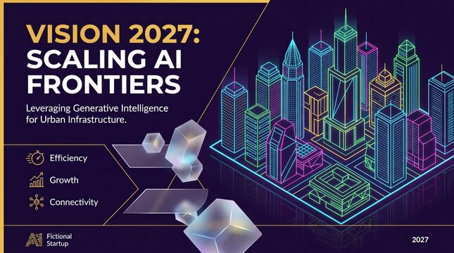 Vision 2027 scaling AI frontiers presentation slide, futuristic smart city urban infrastructure, generative intelligence concept
