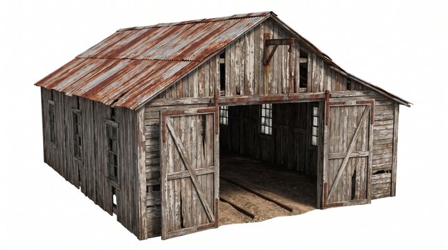Abandoned rusty wooden railway train shed with weathered texture isolated on white background