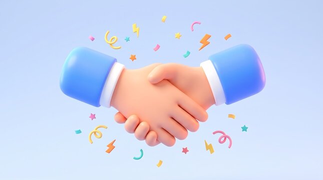 Celebratory handshake with confetti and stars in a 3d render illustration with a pastel background
