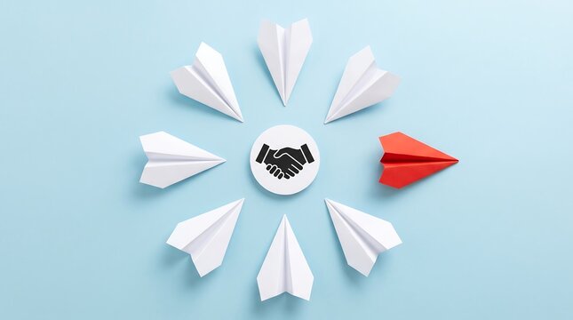 Paper airplanes surrounding a handshake symbol with one red plane leading the formation on a light blue background
