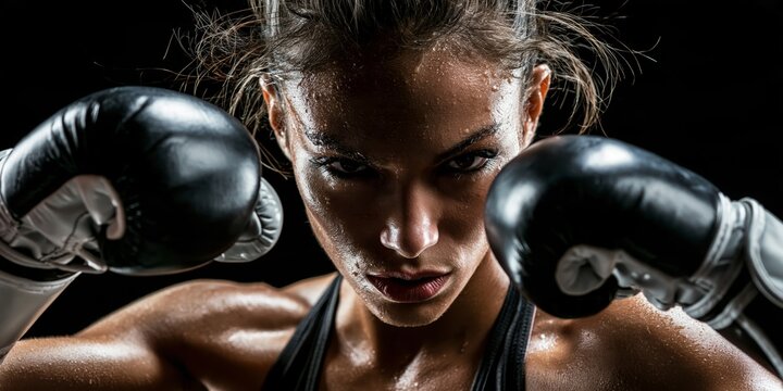 Intense female boxer in black gloves, sweat glistening on her face and shoulders, focused gaze, dramatic lighting, dark background, athletic strength.