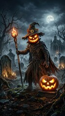 Fototapeta premium Spooky Pumpkin Head Wizard in Graveyard with Flaming Staff and Full Moon Halloween Fantasy Art