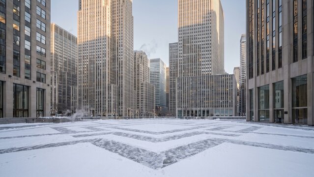 Snowy Rockefeller Center Plaza in New York City with Skyscrapers and Winter Morning Light