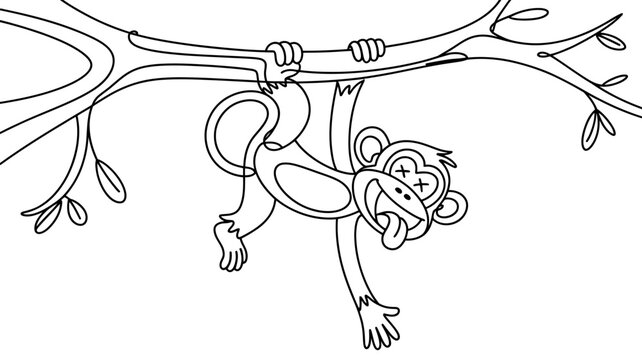 Continuous line drawing of a funny monkey hanging from a tree branch with funny animal, minimalist illustration