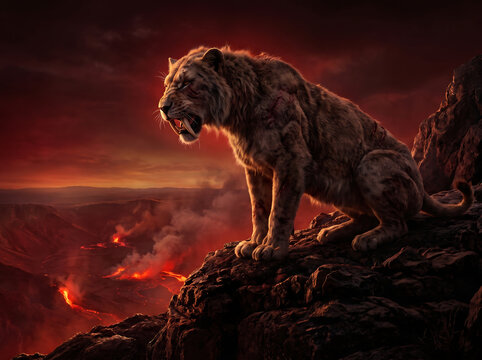 Saber-toothed tiger sitting on volcanic rocks during a volcanic eruption