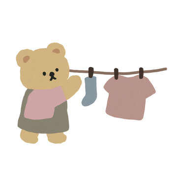 baby girl and teddy bear on clothesline Hand Drawn Vector Illustration