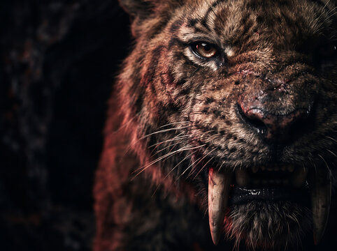 Extreme close-up of a bloodied saber-toothed tiger growling with predator