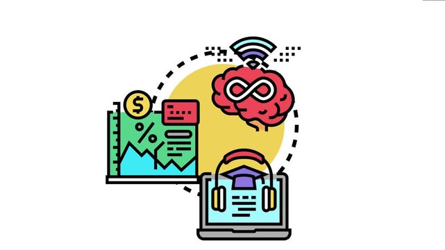 Brain emitting a wifi signal connecting with financial graph data and a laptop displaying online education, symbolizing continuous learning and digital knowledge acquisition