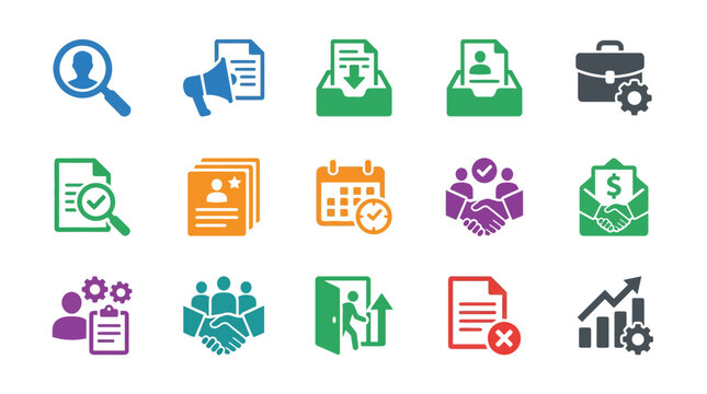 Human resources icons set, 15 colorful recruitment vector symbols, business hiring and employment management graphics