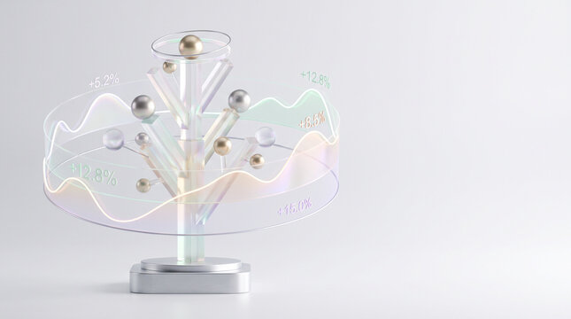 3D glass wealth tree with glowing financial growth graphs