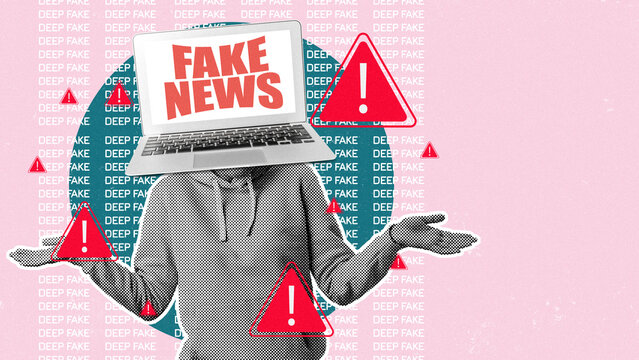 Person holds laptop with fake news alert while surrounded by warning signs on a pink background