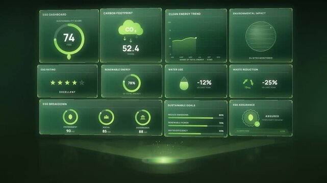 Glowing ESG hologram panels on a dark background with carbon metrics and a net zero status badge