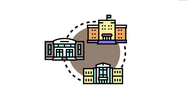 Different academic buildings represent the concept of education, development, and success, forming a network of institutions dedicated to learning and knowledge acquisition