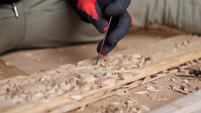 Wood carving continues with precise pressure from gloved hand and narrow chisel. Sawdust and curls spread around plank while ornamental lines deepen, giving craft process tactile, handmade look.