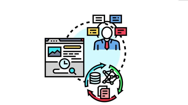 Business professional observing and analyzing information, processing data through an adaptive learning cycle, gathering insights, and developing knowledge from continuous feedback loops