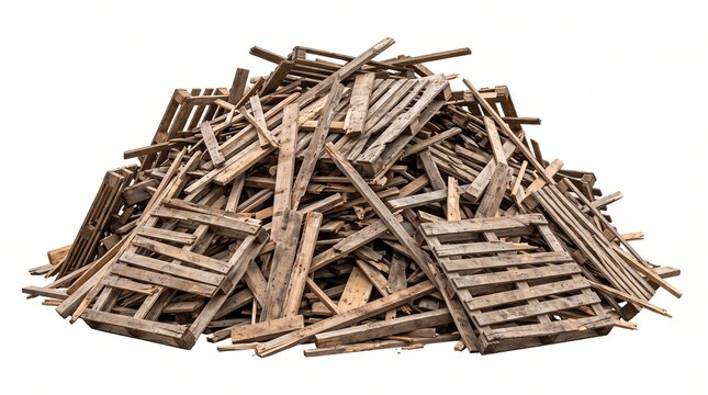 Messy pile of discarded wooden pallets and construction debris isolated on a white background