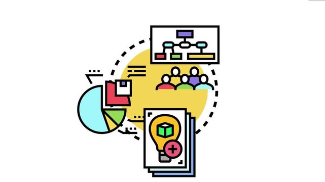 Concept depicting various elements including a flowchart, group of people, data analysis, and a lightbulb, representing a collaborative learning and research process