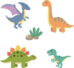 Cute dinosaurs vector set, flat cartoon dino collection with pterodactyl, diplodocus, stegosaurus and tyrannosaurus, funny characters for kids design, nursery decor and stickers  © Olena