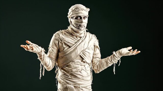Bandaged mummy posing with both open palms raised in a confused questioning gesture, frayed aged fabric covering the entire body while expressive eyes and puzzled posture create a humorous Halloween c