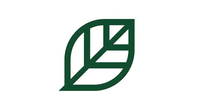 Minimalist dark green leaf vector icon with clean line art style, isolated on a white background and perfect for eco-friendly branding