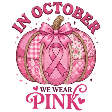 In october we wear pink patchwork pumpkin typography with transparent background