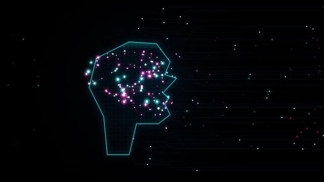Abstract digital human head silhouette conceptualized with glowing network nodes and connected data lines