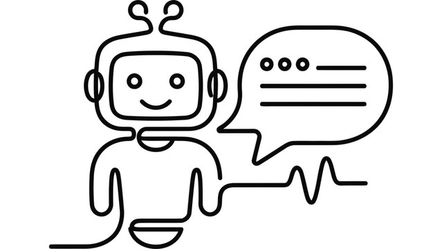 Continuous single line art of a cute robot with a speech bubble and digital wave.
