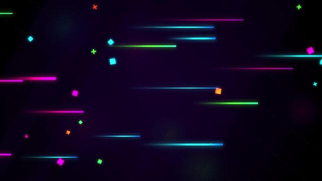 Vibrant synthwave motion graphic featuring horizontal neon pink cyber speed trails and floating geometric particles on a dark background. Perfect loop for gaming overlays, sci-fi tech promos, retro mu