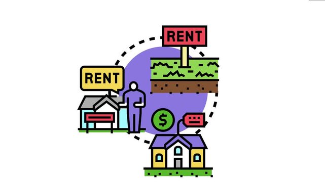 Color representing the concept of leasing property, encompassing apartment, house, and land for rent, with a person negotiating or managing real estate transactions