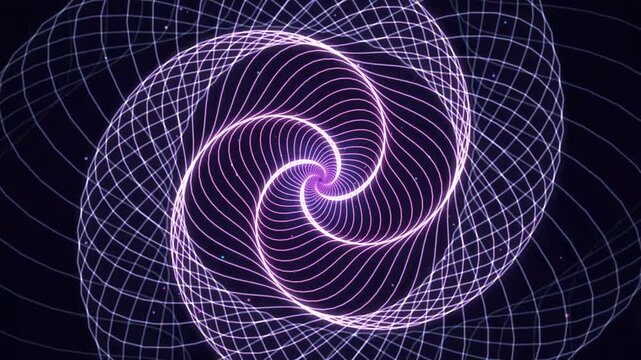 Abstract digital spiral background with glowing purple and blue neon light lines forming a vortex pattern