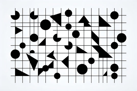 Geometric shapes arranged on a white grid background