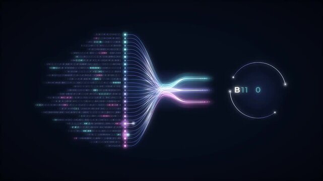 Binary code streams converging into three light beams that form a big data badge on dark background