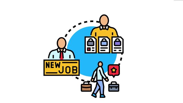 Person choosing new career path, moving from previous employer with locked documents towards a sign indicating a fresh professional opportunity