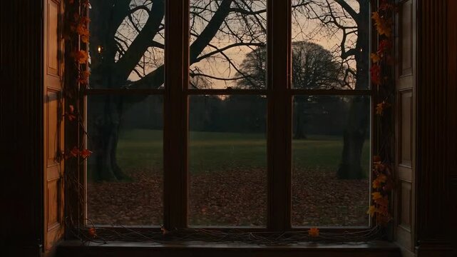 Dark Window View of Night Park with Bare Trees and Autumn Leaf Decorations for Moody Background
