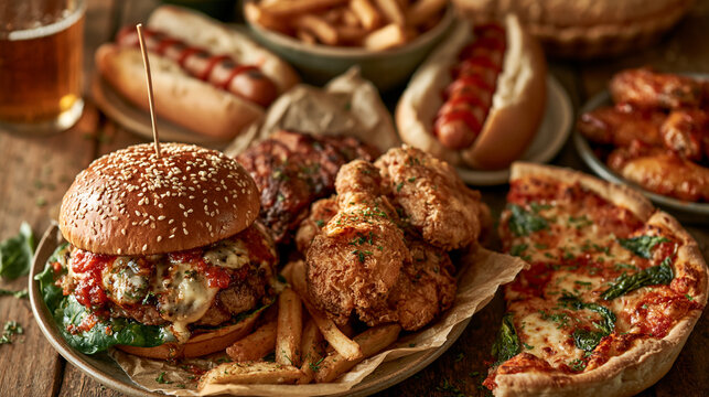 Spectacular American food feast featuring iconic regional dishes from burgers and barbecue to pizza and desserts.
