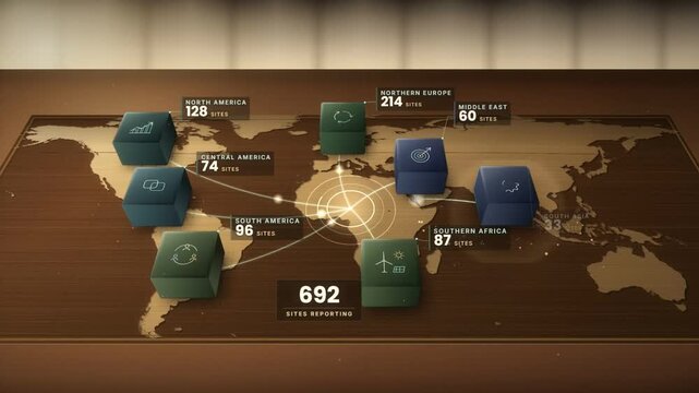 World map with rising 3D region blocks and a live counter reaching 1138 reporting sites