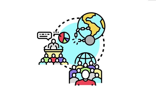 Left of center political orientation icon illustrates a speaker addressing a diverse audience. Advocating for social equality and global liberation by breaking economic chains