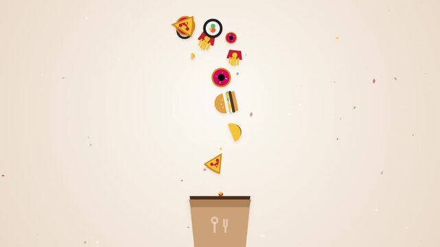 Flat design illustration of assorted fast food falling into a delivery container